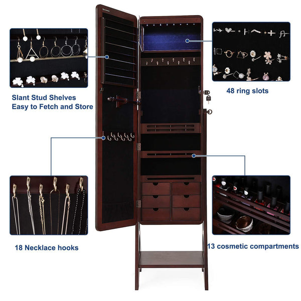 Top rated songmics 8 leds jewelry cabinet armoire with beveled edge mirror gorgeous jewelry organizer large capacity brown patented ujjc89k