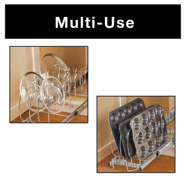 Selection smart design expandable roll out lid bakeware organizer w adjustable dividers hardware long steel metal holds 100 lbs cabinets cookware items kitchen 21 40 x 8 5 inch chrome