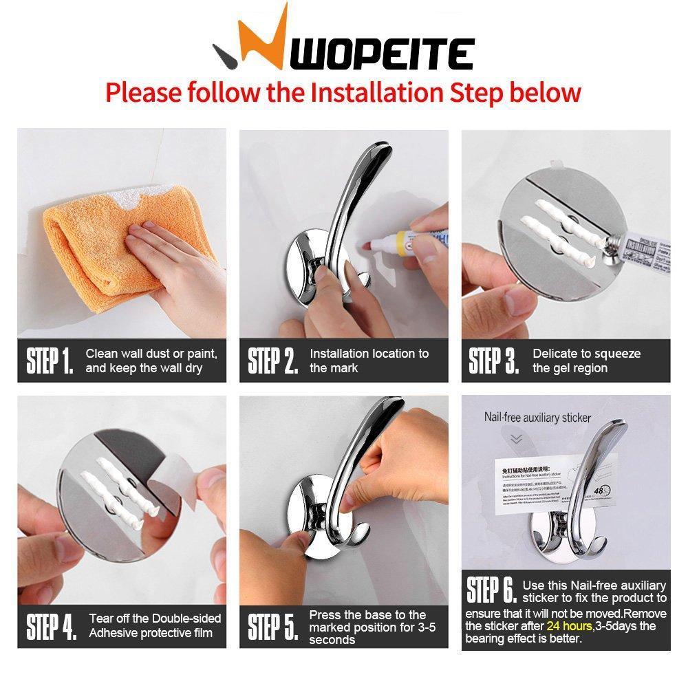 Wopeite Adhesive Hook for Towel and Robe Stainless Steel No Drills for Bathroom Kitchen Organizer Towel Hooks On Door