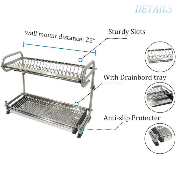 Discover 23 2 kitchen dish rack 2 tier stainless steel cabinet rack wall mounted with drainboard set dish bowl cup holder 23 2 inch