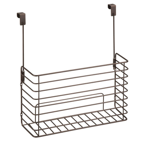 Budget friendly mdesign metal over cabinet kitchen storage organizer holder or basket hang over cabinet doors in kitchen pantry holds bakeware cookbook cleaning supplies 2 pack steel wire in bronze