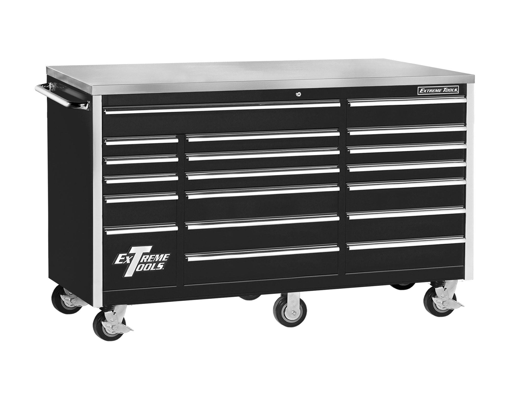 Organize with extreme tools ex7218rcbk 18 drawer triple bank roller cabinet in ball bearing slides 72 inch black high gloss powder coat finish