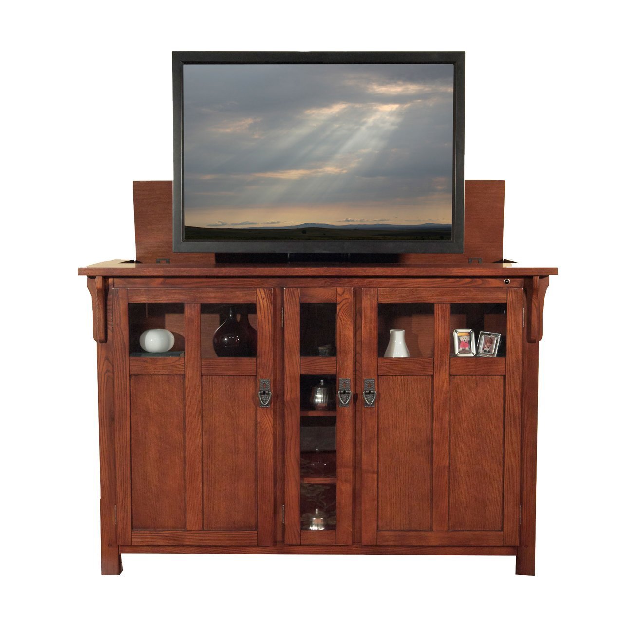 Exclusive touchstone 70062 bungalow tv lift cabinet chestnut oak up to 60 inch tvs diagonal 55 in wide mission style motorized tv cabinet pop up tv cabinet with memory feature ir rf 12v trigger