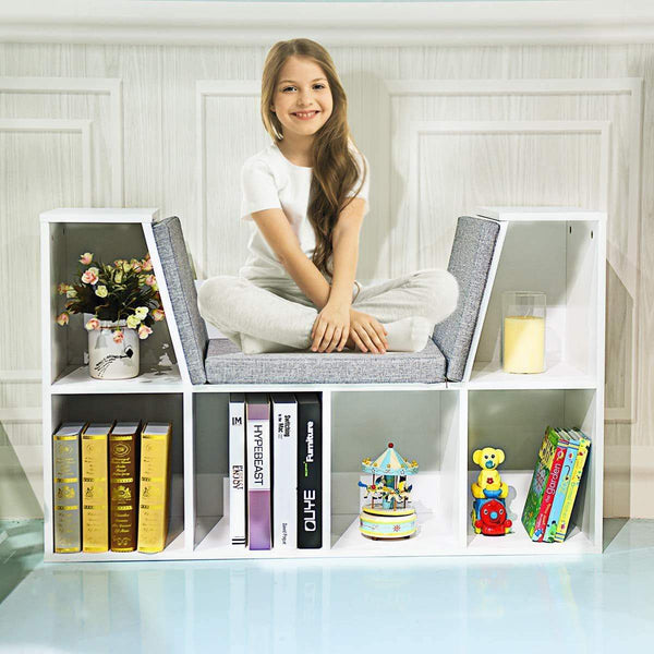 Buy costzon 6 cubby kids bookcase w cushioned reading nook multi purpose storage organizer cabinet shelf for children girls boys bedroom decor room white
