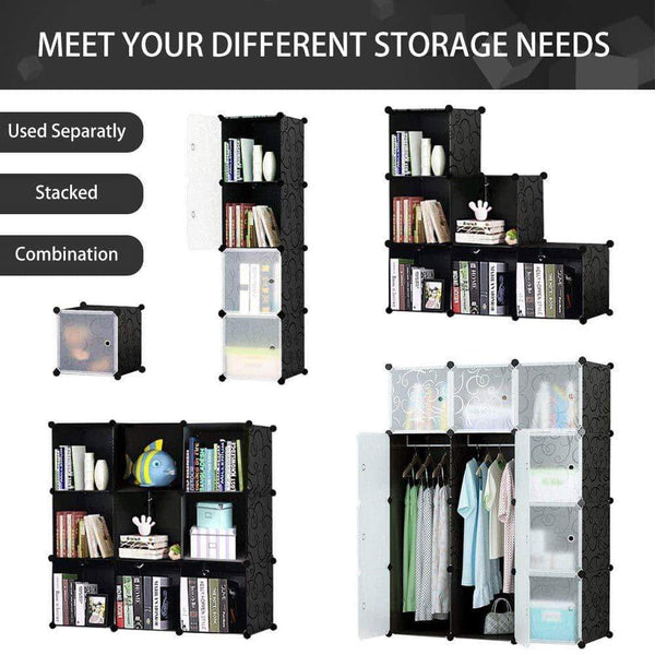 Storage honey home modular plastic storage cube closet organizers portable diy wardrobes cabinet shelving with doors for bedroom office 16 cubes black white
