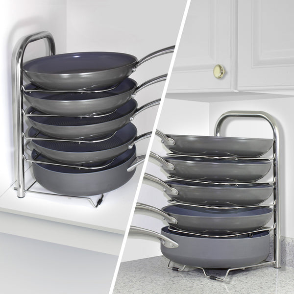 BetterThingsHome 5-Tier Height Adjustable Pan and Pot Organizer Rack: Adjust in increments of 1.25”, 10, 11 & 12 Inch Cookware Lid Holder, Stainless Steel (16.5" Tall)