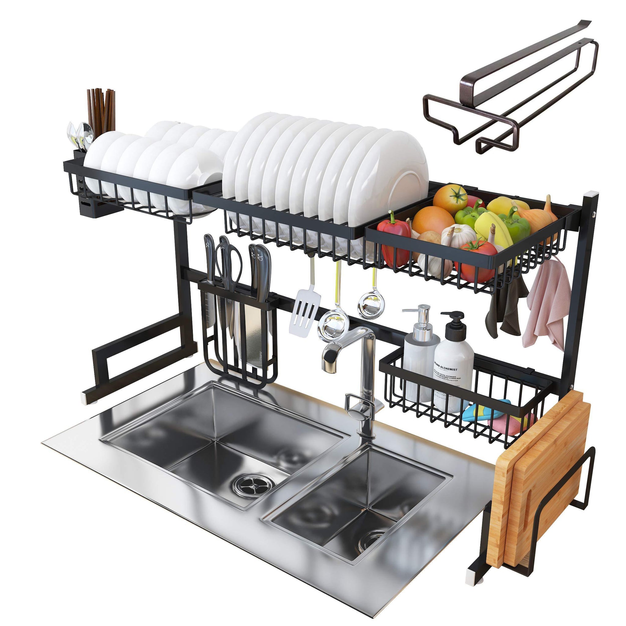Kitchen over sink dish drying rack kitchen organizer and dish drainer with 7 interchangeable racks and caddies plus bonus wine glass rack that mounts to cabinetry
