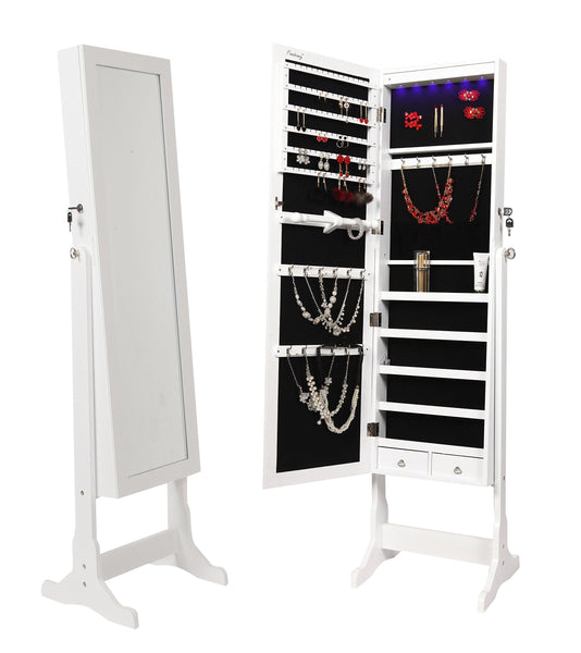 Storage finnhomy lockable mirrored jewelry armoire storage organizer free standing makeup cabinet holder w led light stand for ring necklace earring cosmetics broach bracelet white