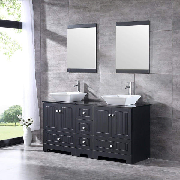 Online shopping sliverylake 60 bathroom vanity and sink combo bathroom cabinet black countertop sink bowl w mirror set ceramic vessel black trapeziform