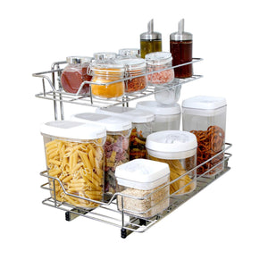 Purchase smart design 2 tier roll out under sink sliding organizer w mounting hardware medium steel metal holds 100 lbs cabinets cookware bakeware items kitchen 18 32 x 14 inch chrome