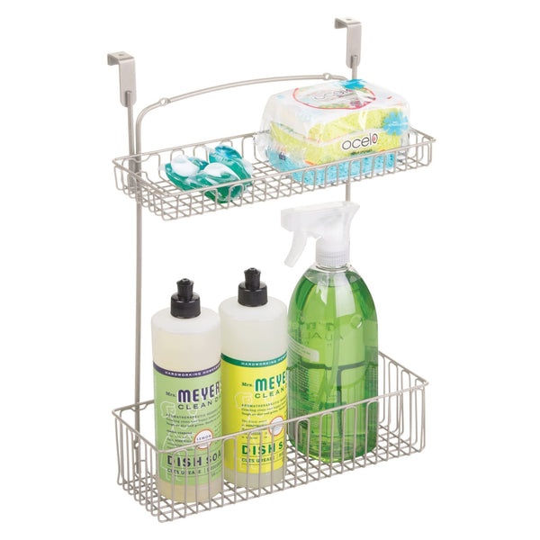 Products mdesign metal farmhouse over cabinet kitchen storage organizer holder or basket hang over cabinet doors in kitchen pantry holds dish soap window cleaner sponges satin