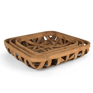 Assorted-Size Traditional, Nested Tobacco Baskets in Light Brown with  Bamboo Wood Base (Set of 3)