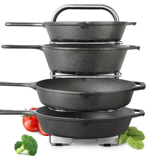 BetterThingsHome 5-Tier Height Adjustable Pan and Pot Organizer Rack: Adjust in increments of 1.25”, 10, 11 & 12 Inch Cookware Lid Holder, Stainless Steel (16.5" Tall)
